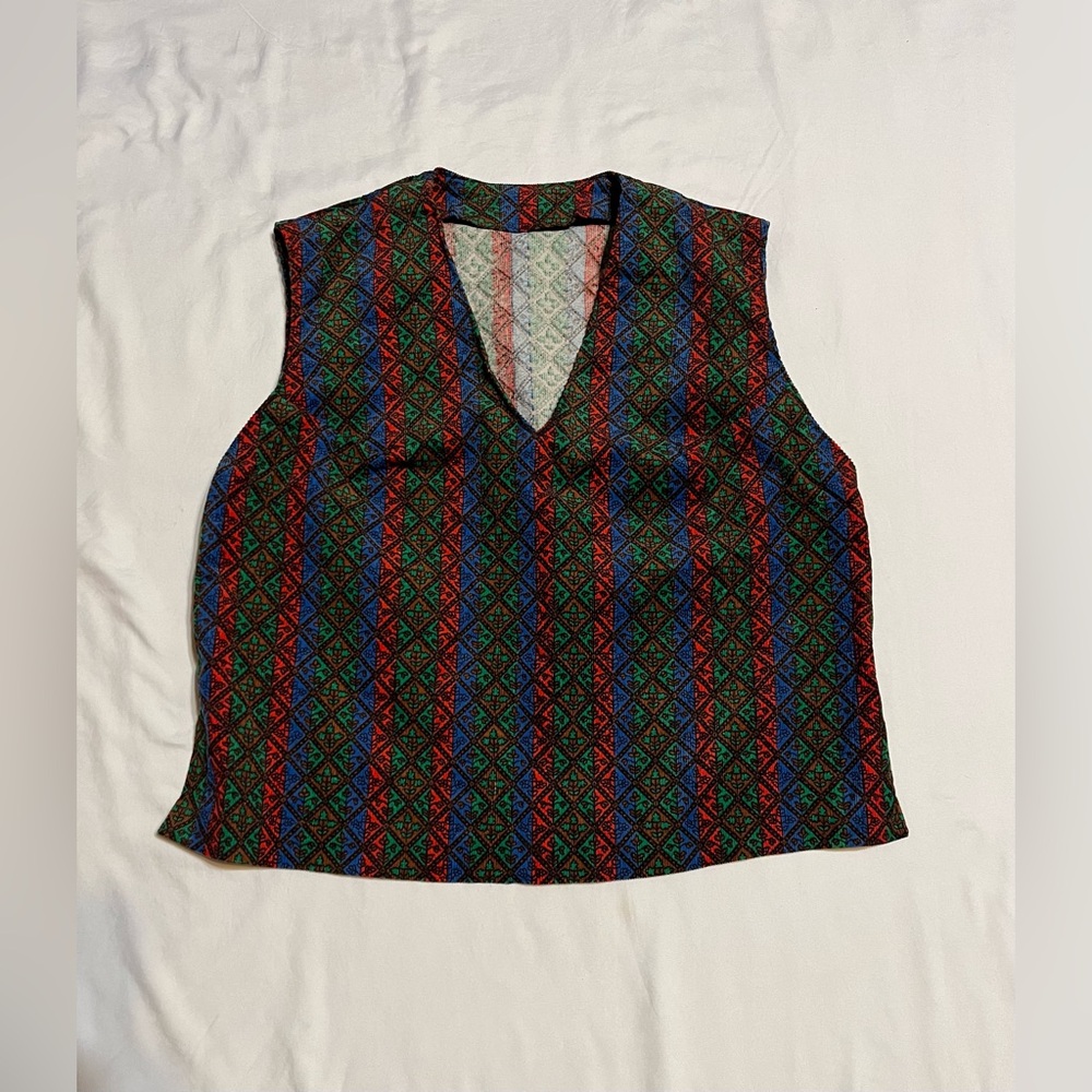 Vintage 60s corduroy vest Green blue red hippie Diamond pattern